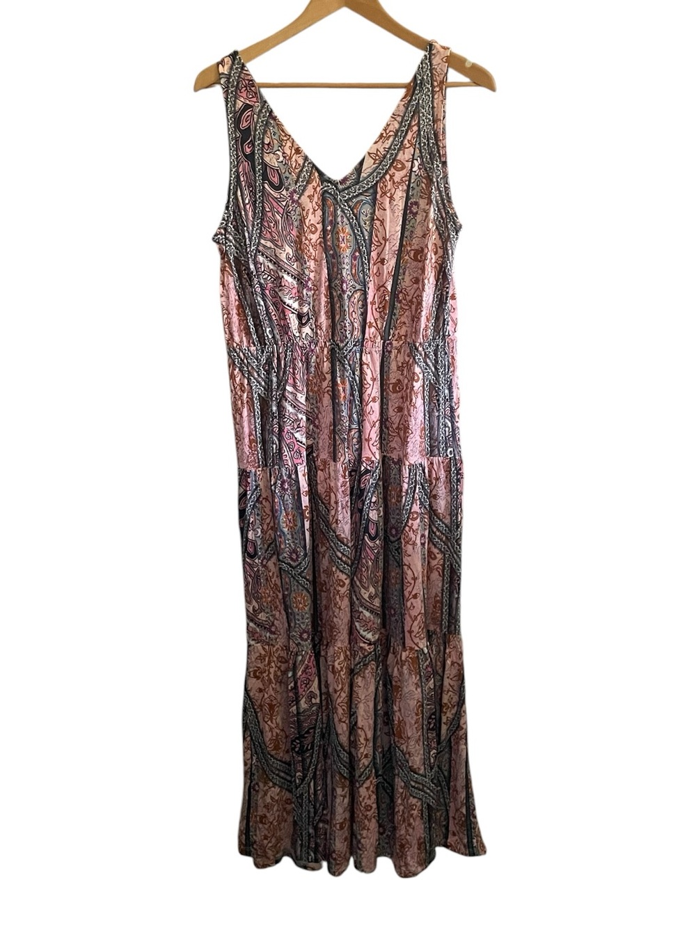 C23- Venus Size Large Bohemian Pink Paisley Tiered Maxi Dress